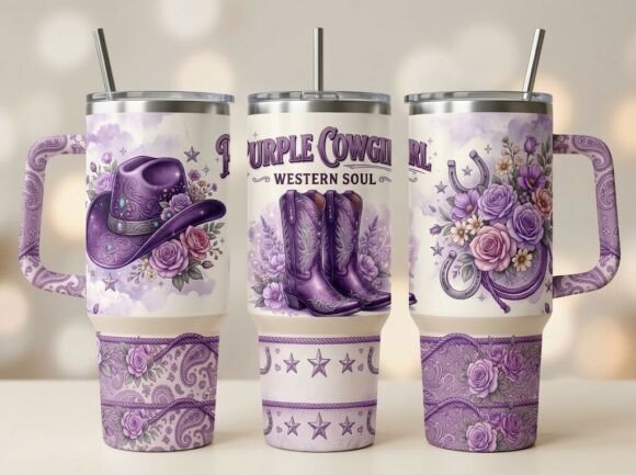Purple Cowgirl Boots Rose Tumbler Design