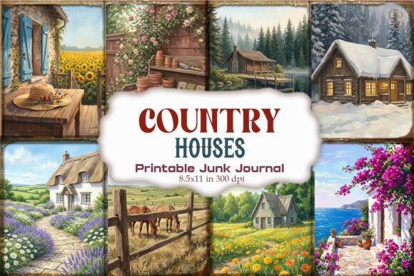 Rustic Country Houses Junk Journal Pages