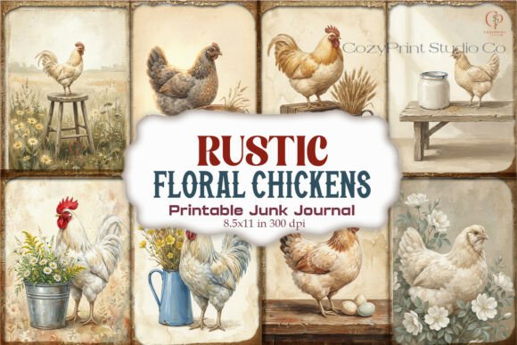 Rustic Floral Chickens Junk Journal Page