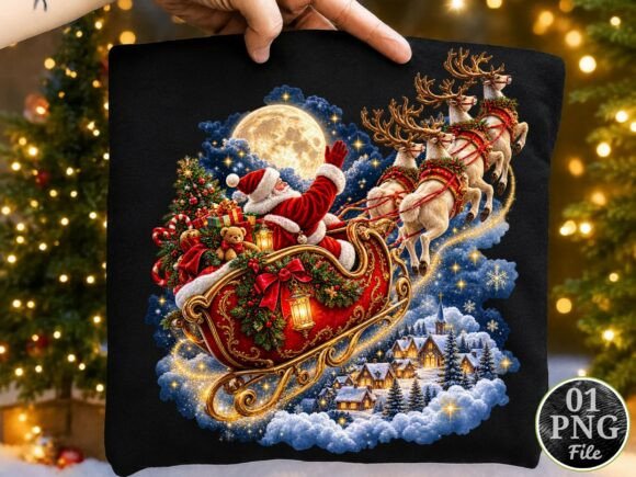 Santa Sleigh Christmas PNG, Magical Moon