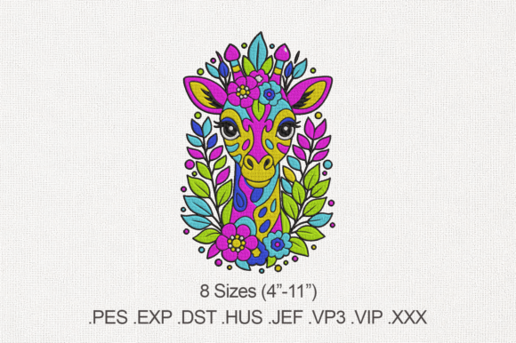 Vibrant Giraffe Floral Embroidery Design