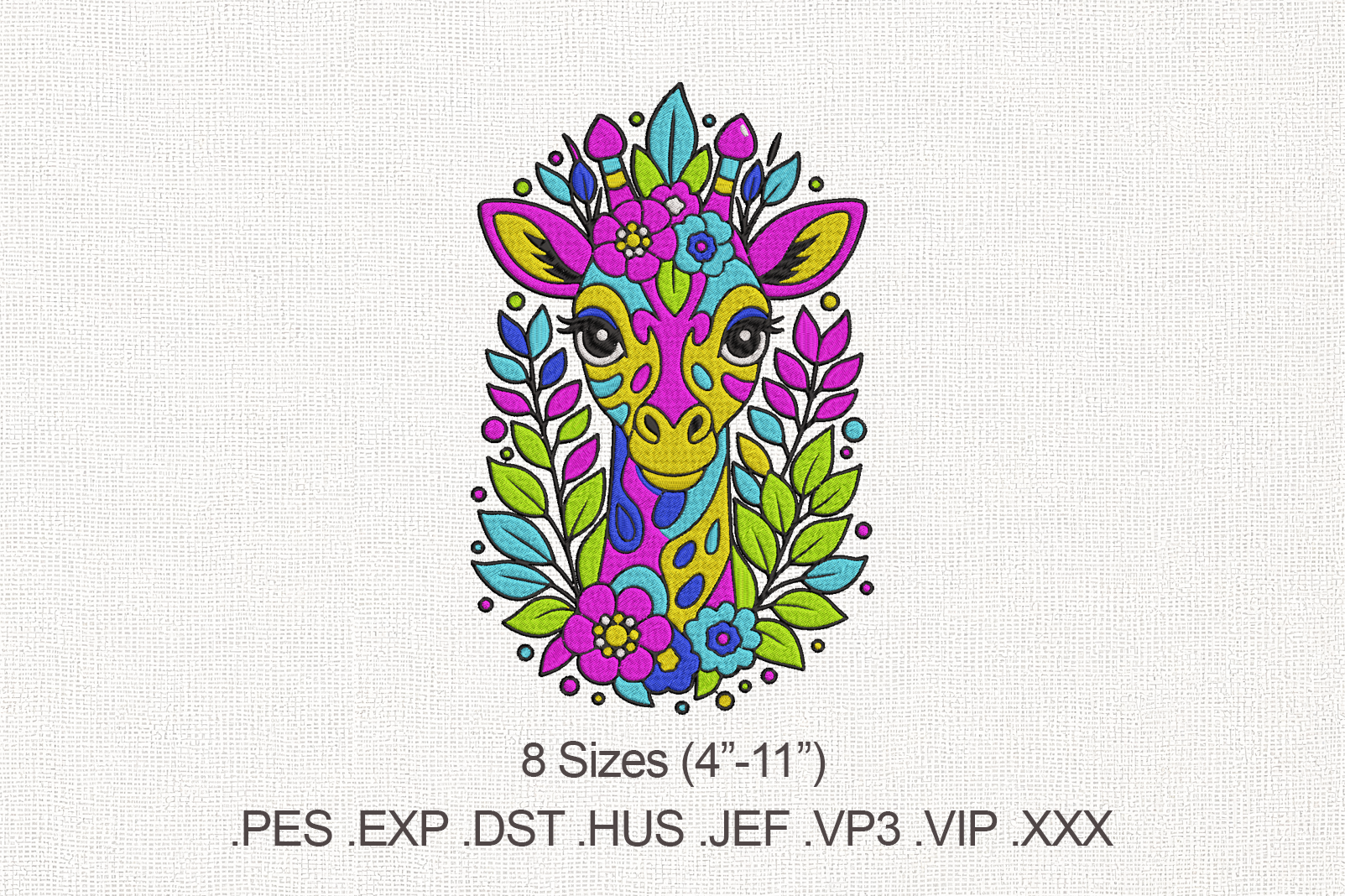 Vibrant Giraffe Floral Embroidery Design