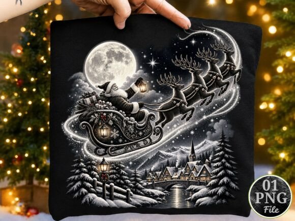 Vintage Christmas Santa Sleigh PNG, Moon