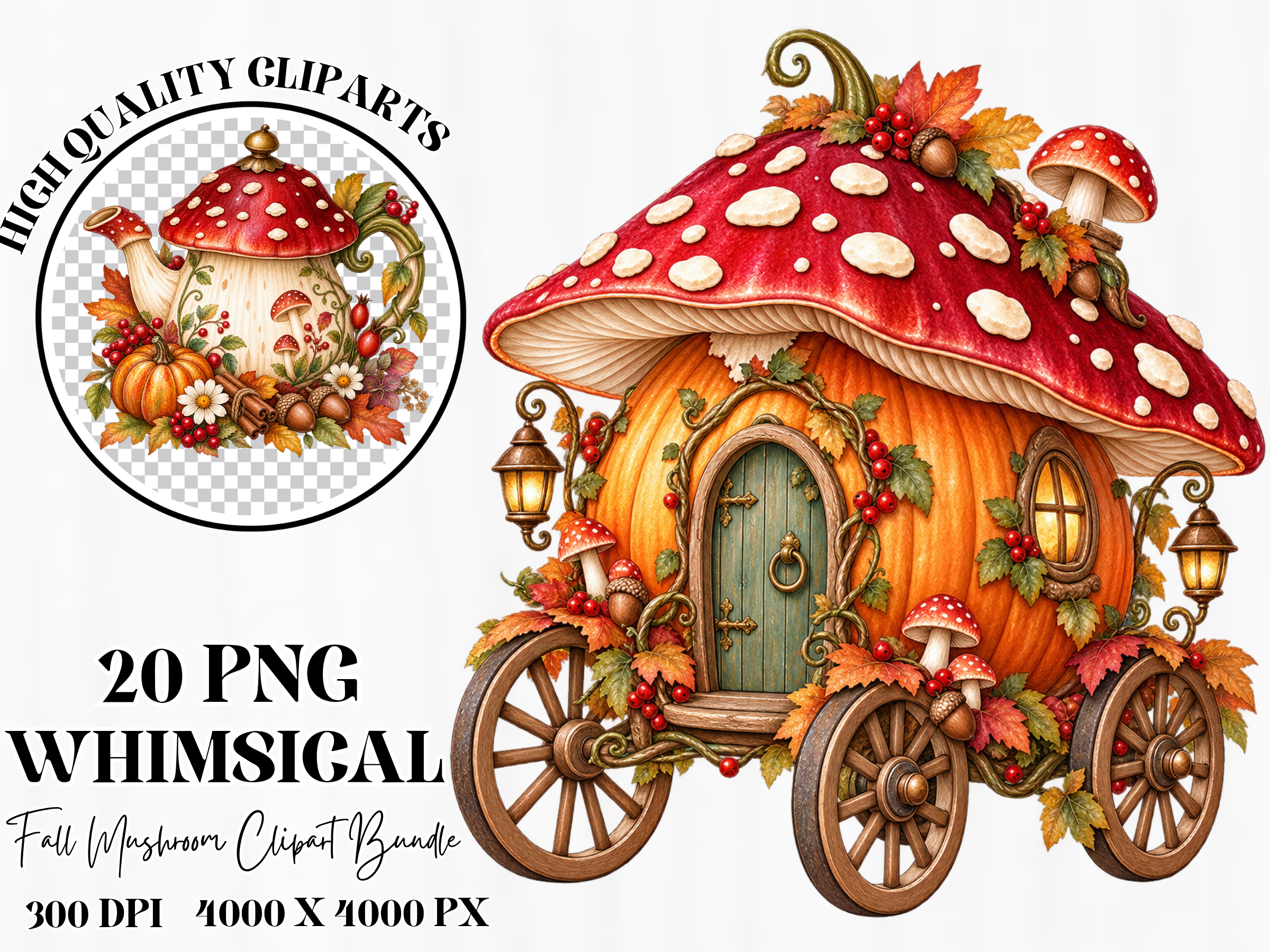 Whimsical Fall Mushroom Clipart Bundle