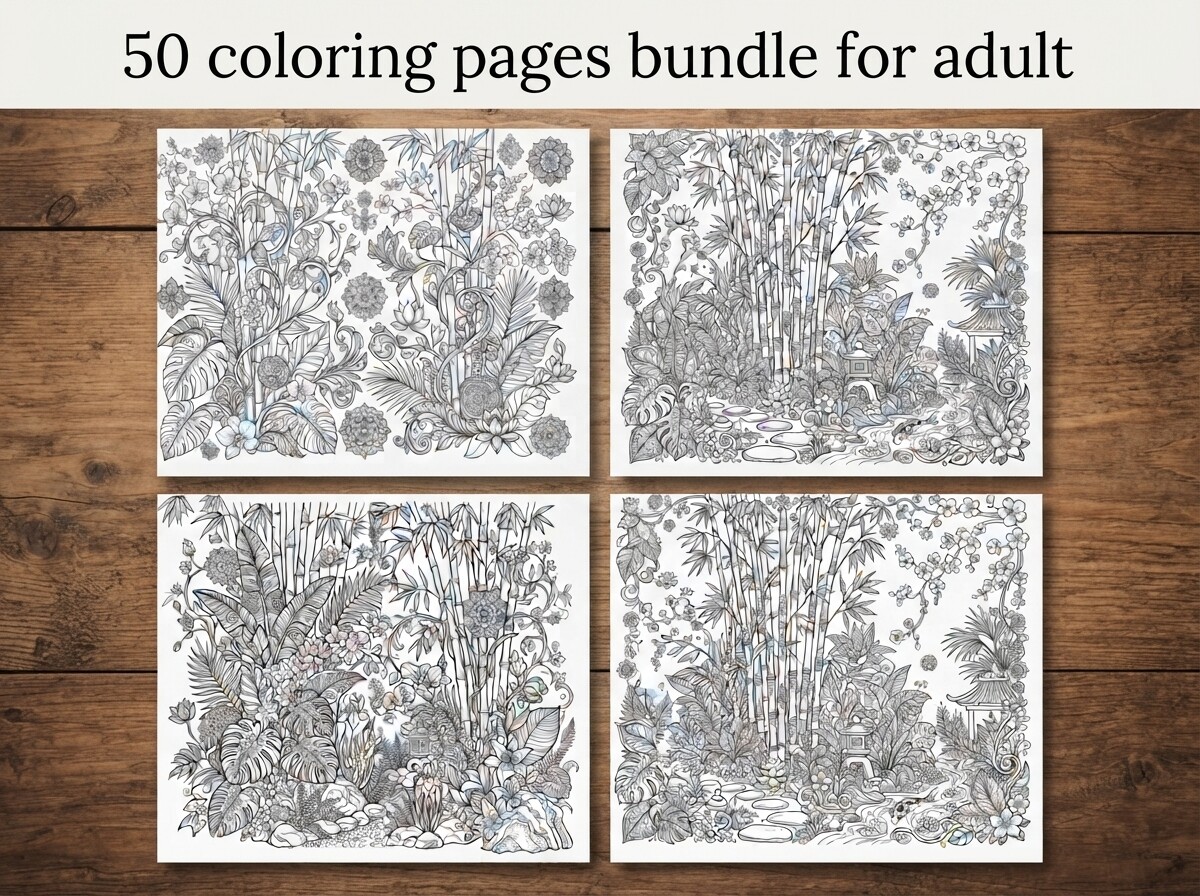 50 Bamboo Forest Coloring Pages Bundle