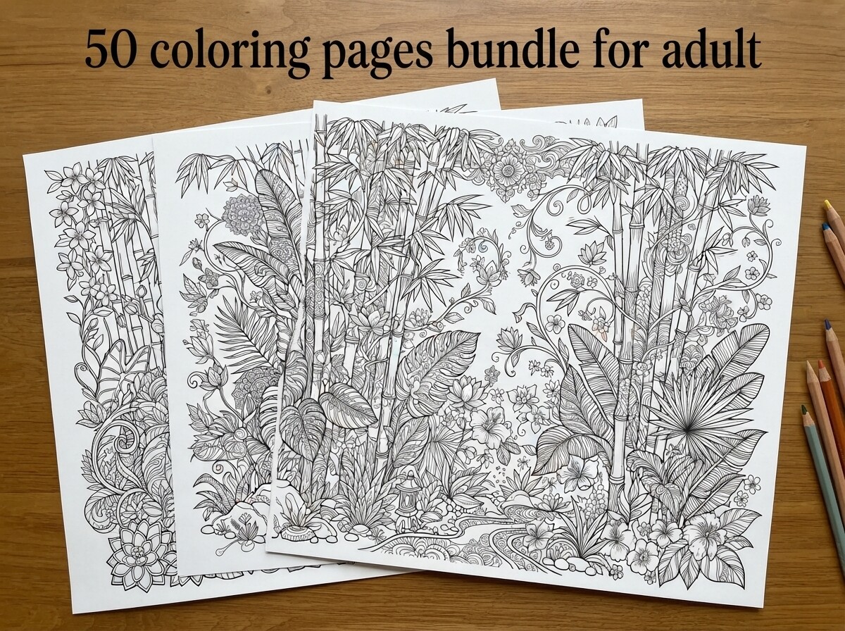 50 Bamboo Forest Coloring Pages Bundle