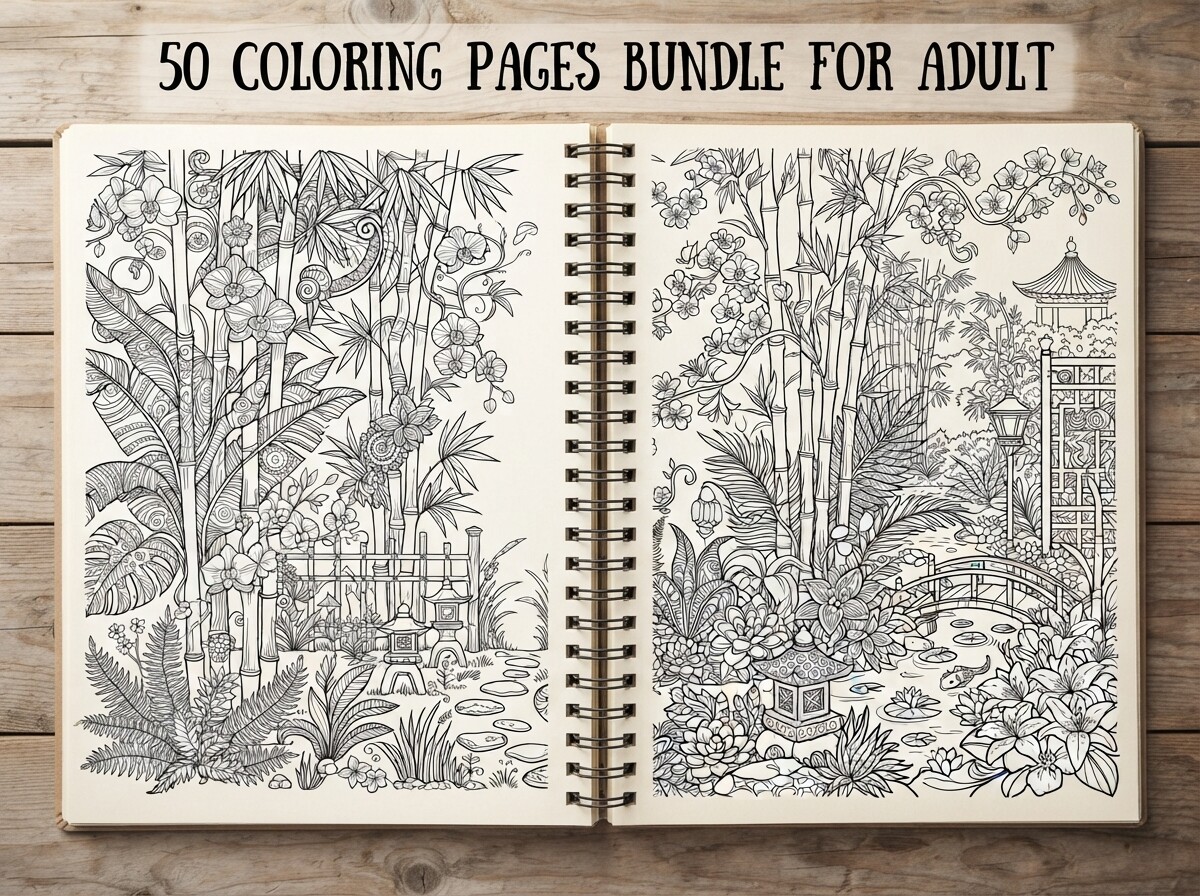 50 Bamboo Forest Coloring Pages Bundle