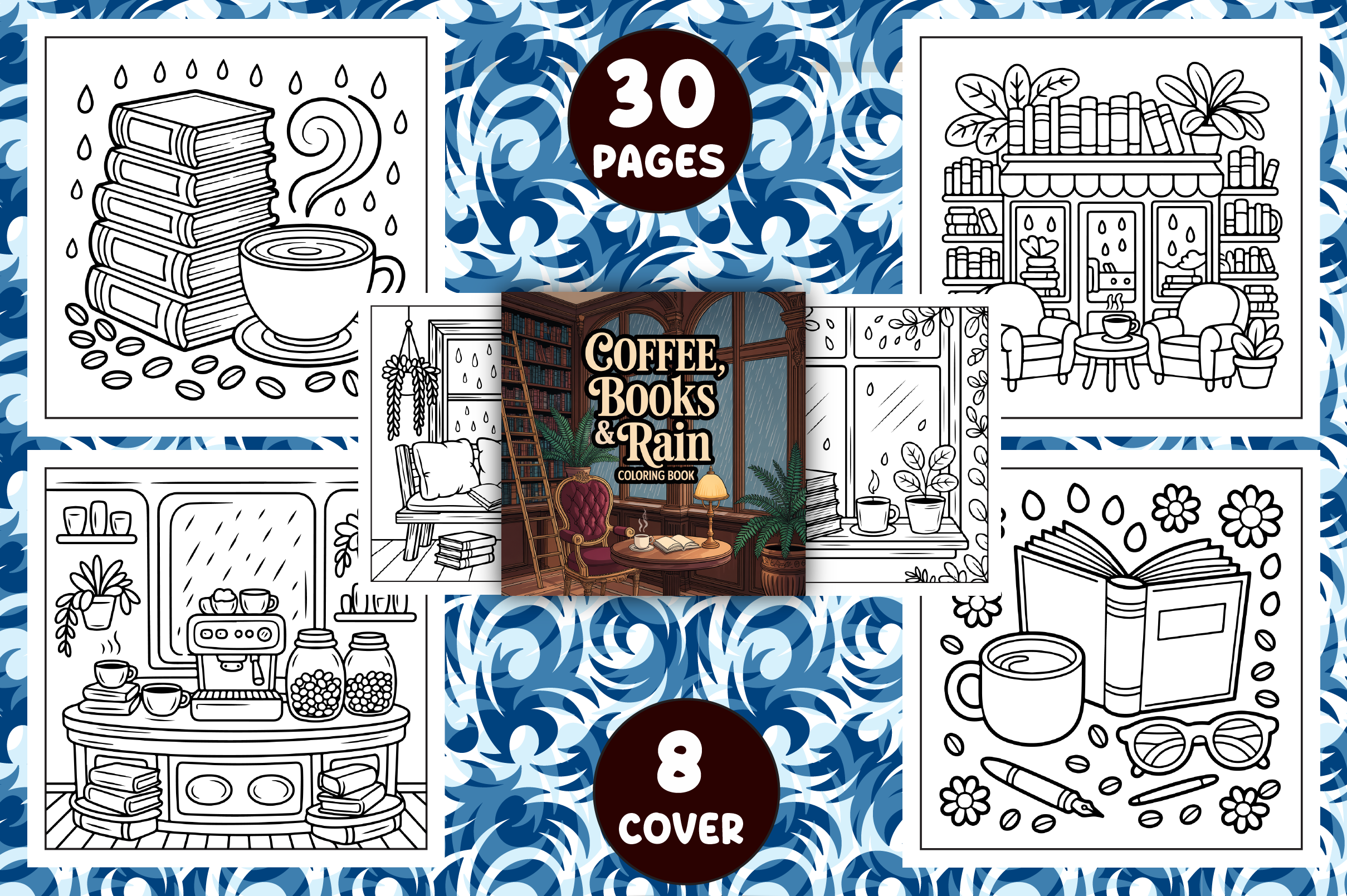 Coffee, Books & Rain Coloring Pages