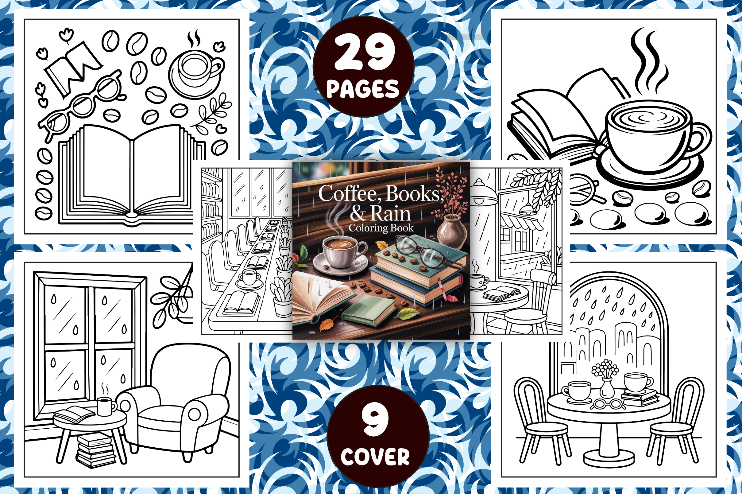 Coffee, Books & Rain Coloring Pages