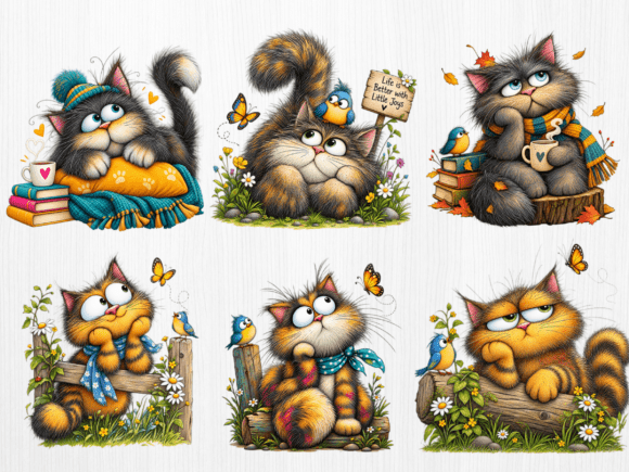 Cute Cat and Bird Clipart Bundle PNG, Wh