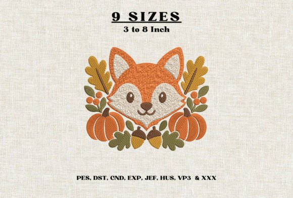 Cute Fall Fox Embroidery Design Autumn