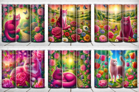 Floral Pink Cat Tumbler Wrap Pack 6-in-1