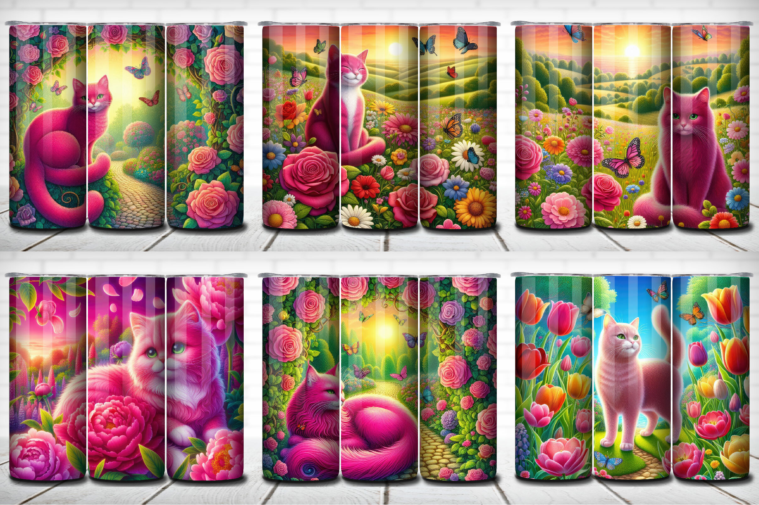 Floral Pink Cat Tumbler Wrap Pack 6-in-1