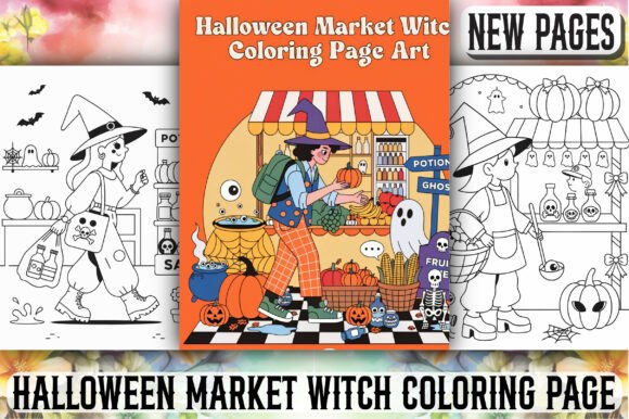 Halloween Market Witch Coloring Page Art