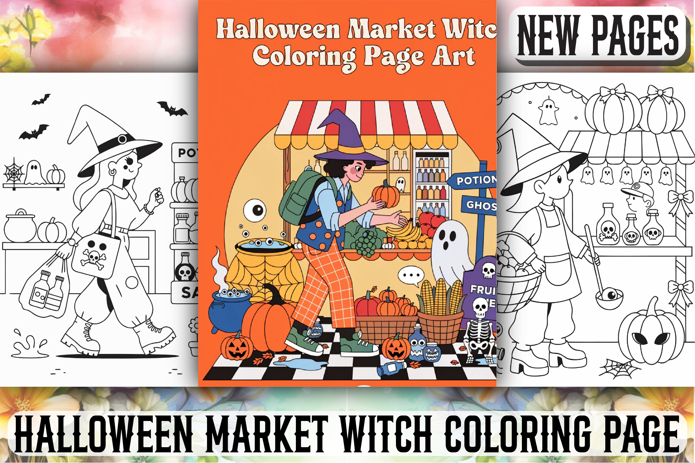 Halloween Market Witch Coloring Page Art