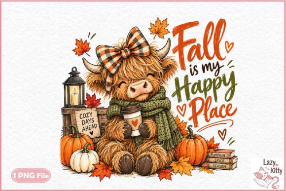 Highland Cow Fall PNG, Cozy Autumn Cow