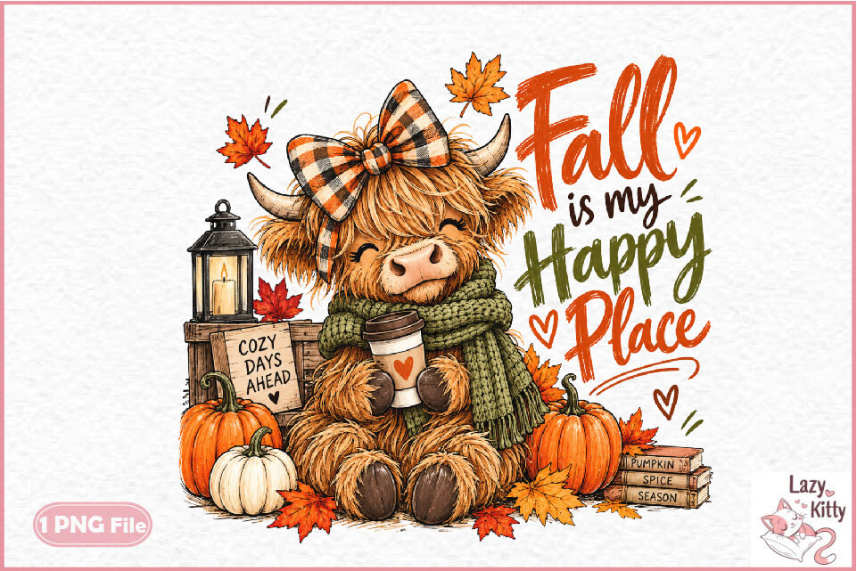 Highland Cow Fall PNG, Cozy Autumn Cow