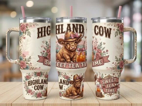 Highland Cow Floral Tea Tumbler Design