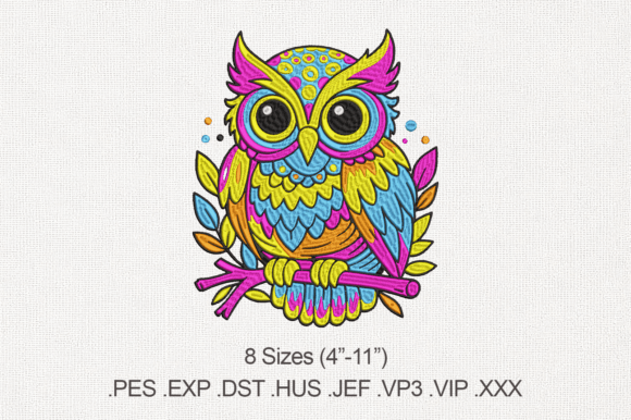 Neon Pop Art Cute Owl Machine Embroidery