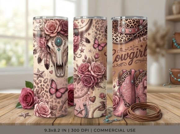 Pink Cowgirl Skull Floral Tumbler Design