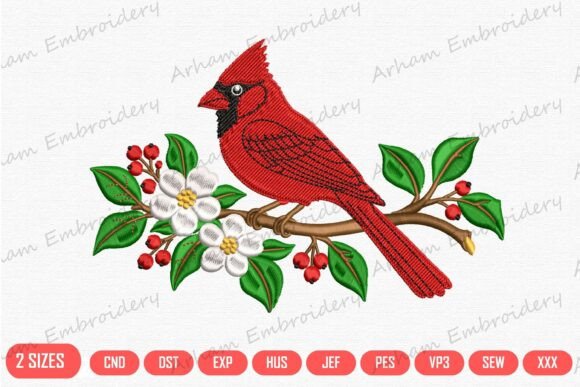 Red Bird on Branch with Flowers