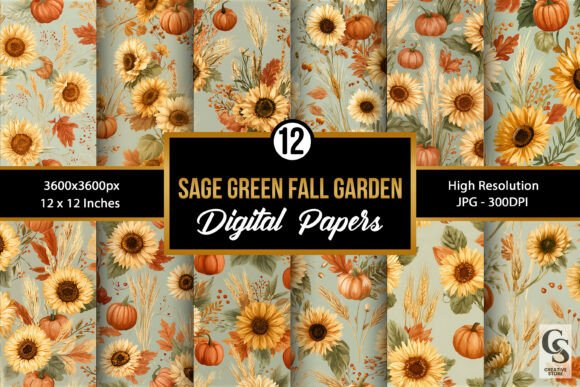Sage Green Fall Garden Seamless Pattern