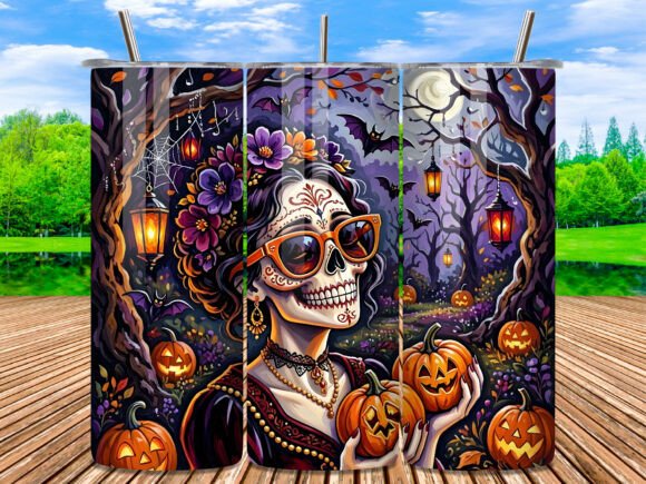 Spooky Sugar Skull Halloween Tumbler PNG
