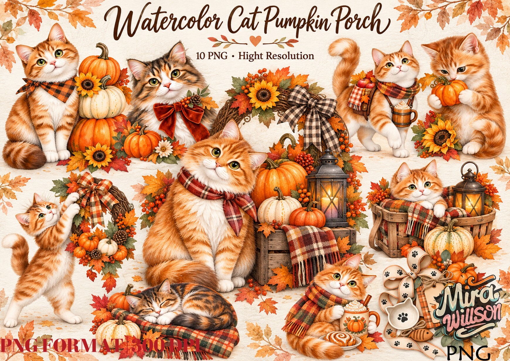 Watercolor Fall Cat Pumpkin Porch PNG