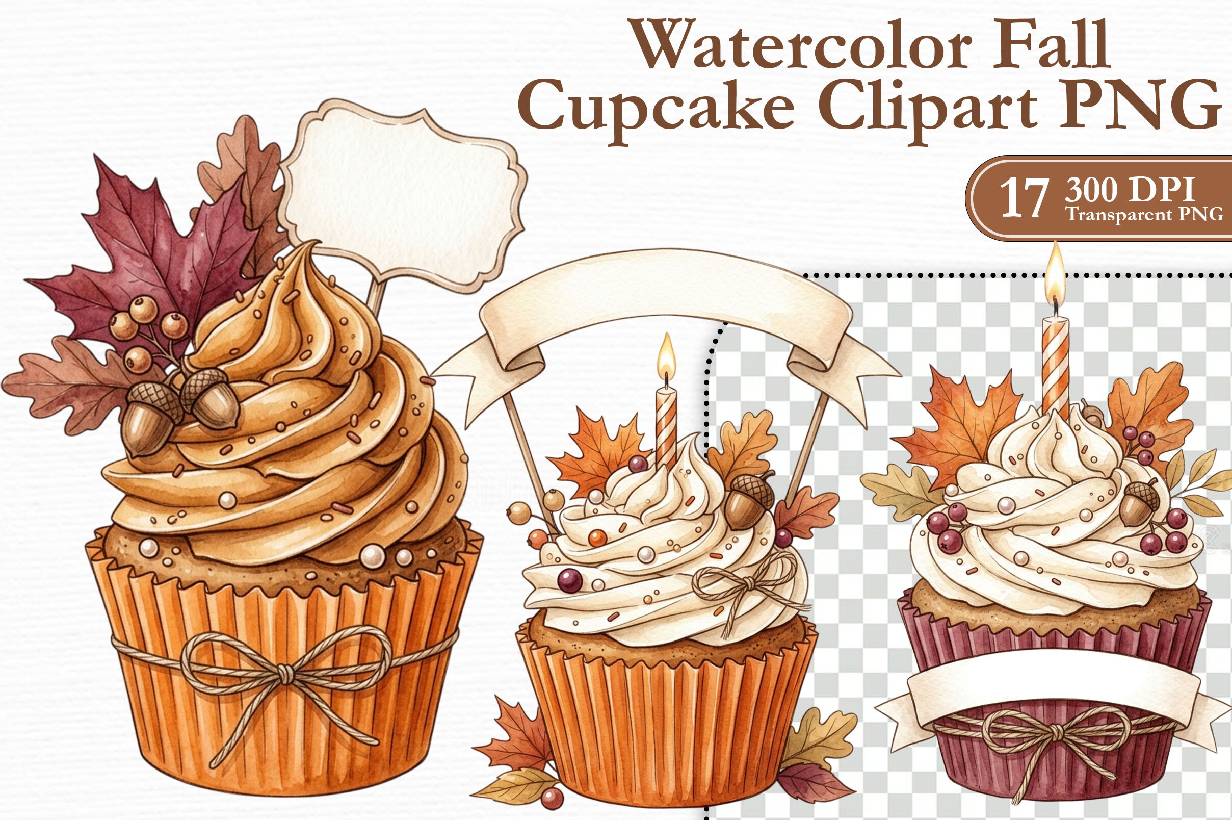 Watercolor Fall Cupcake Clipart PNG