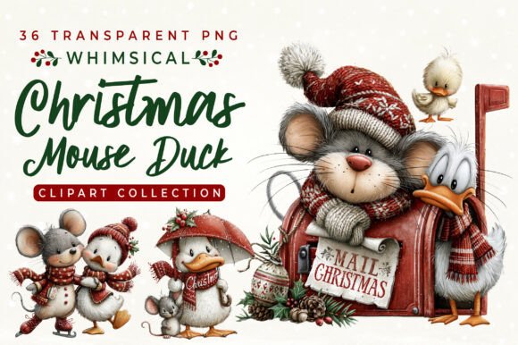 Whimsical Christmas Mouse Duck Clipart