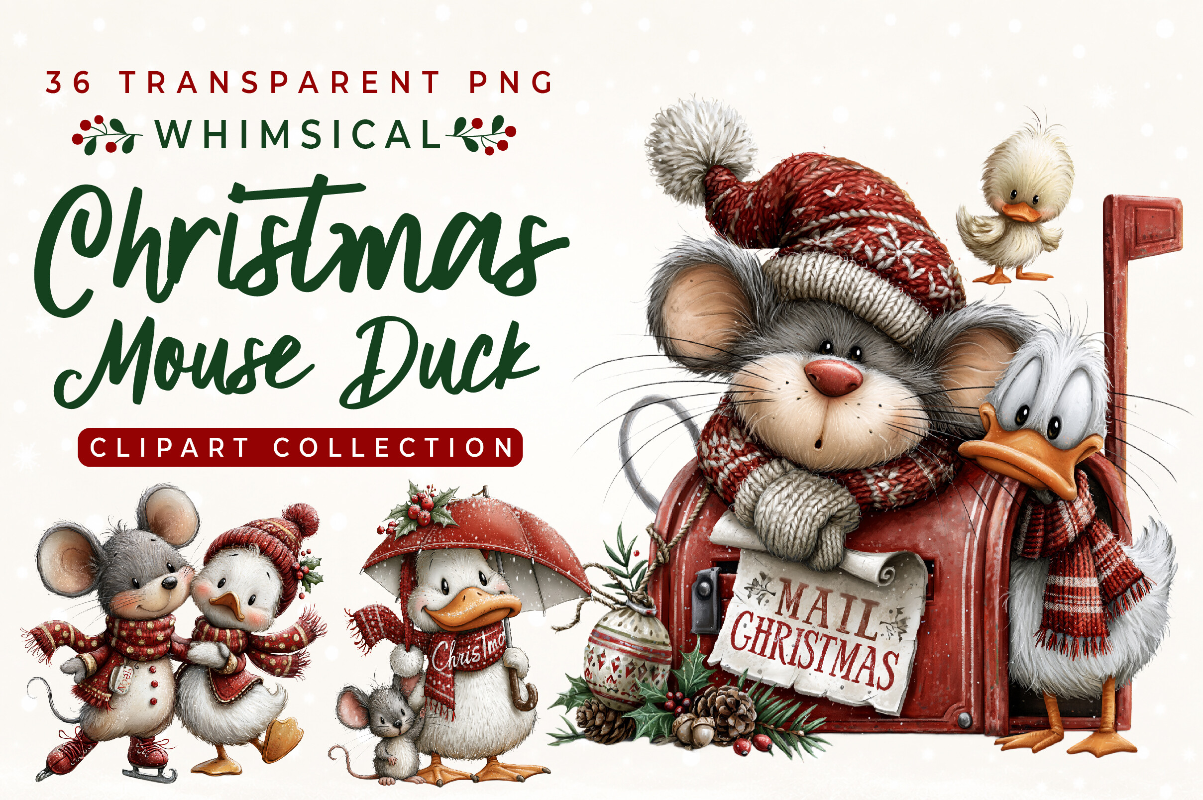 Whimsical Christmas Mouse Duck Clipart