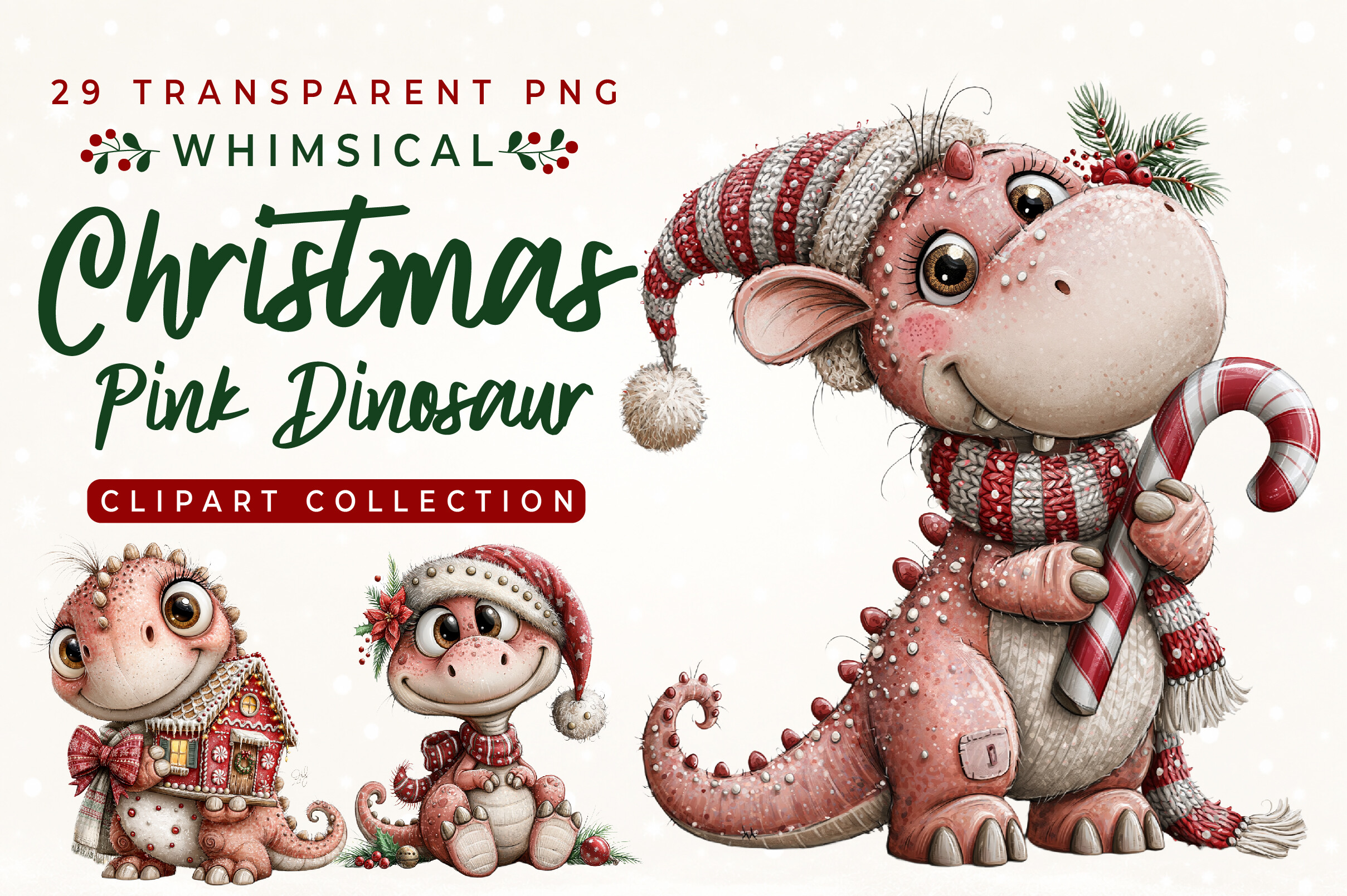 Whimsical Christmas Pink Dinosaur