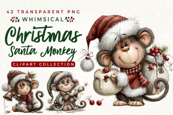 Whimsical Christmas Santa Monkey Clipart