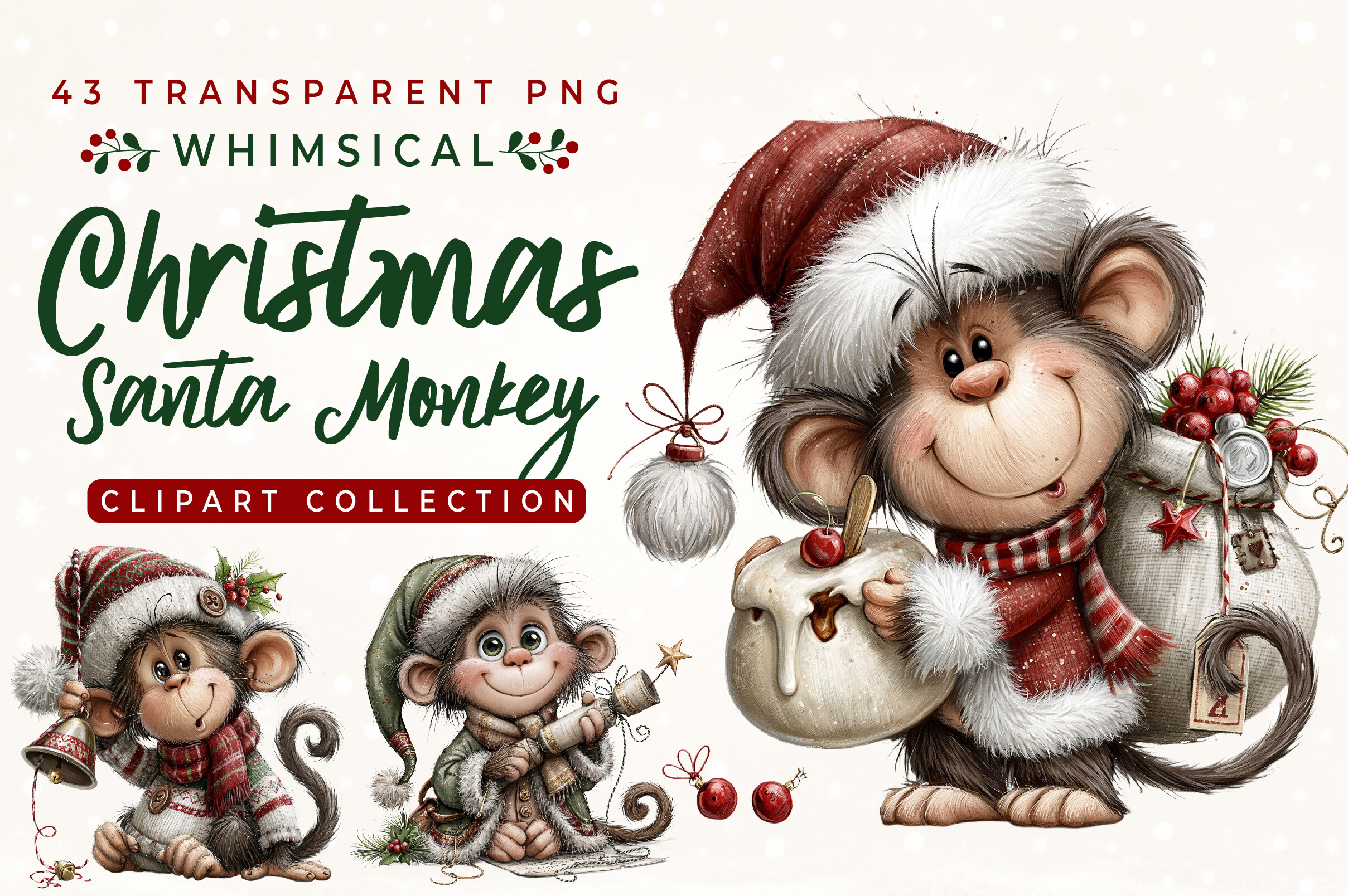 Whimsical Christmas Santa Monkey Clipart