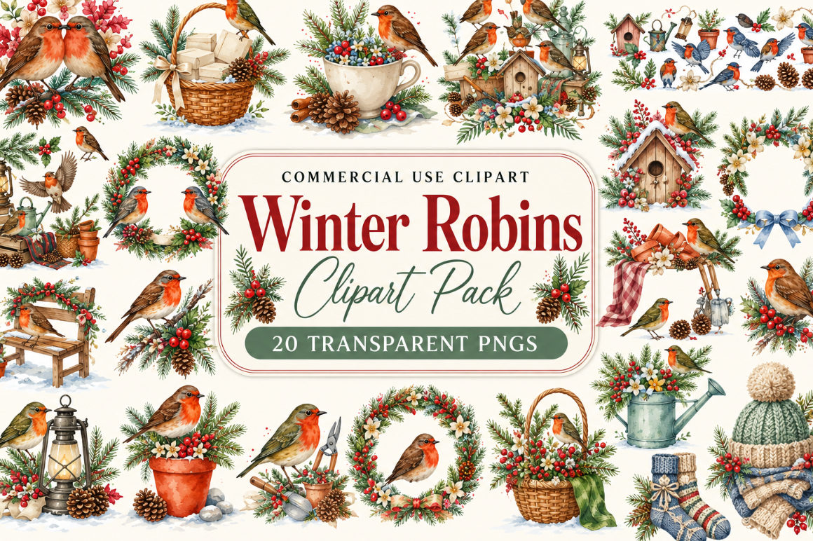 Winter Robins Clipart PNG Bundle