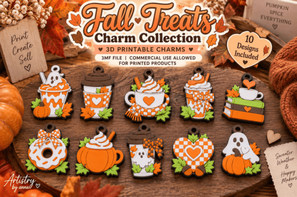 10 Fall Autumn Treats Charms 3MF File – Multicolour 3D Print Charms - Image 1