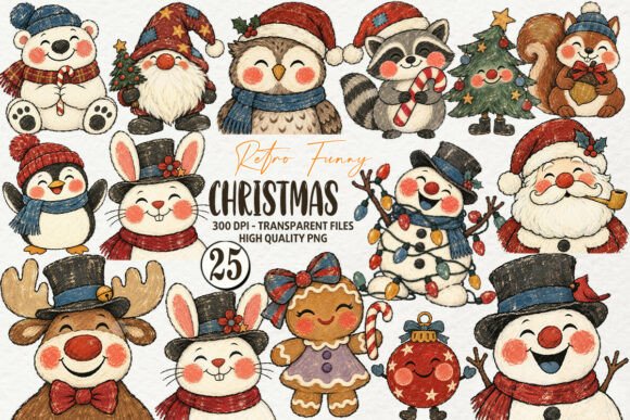 25 Retro Funny Christmas Clipart Bundle