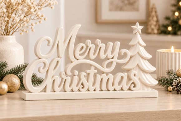 3D Print STL Merry Christmas Sign with Tree & Star – Holiday Tabletop Decor - Image 1