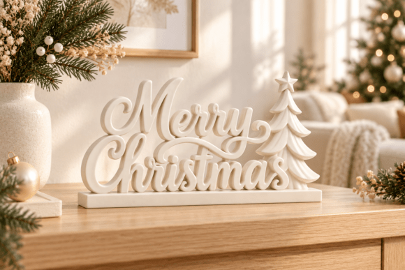 3D Print STL Merry Christmas Sign with Tree & Star – Holiday Tabletop Decor - Image 3