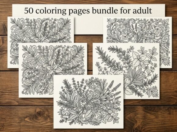50 Herbal Leaves Coloring Pages Bundle