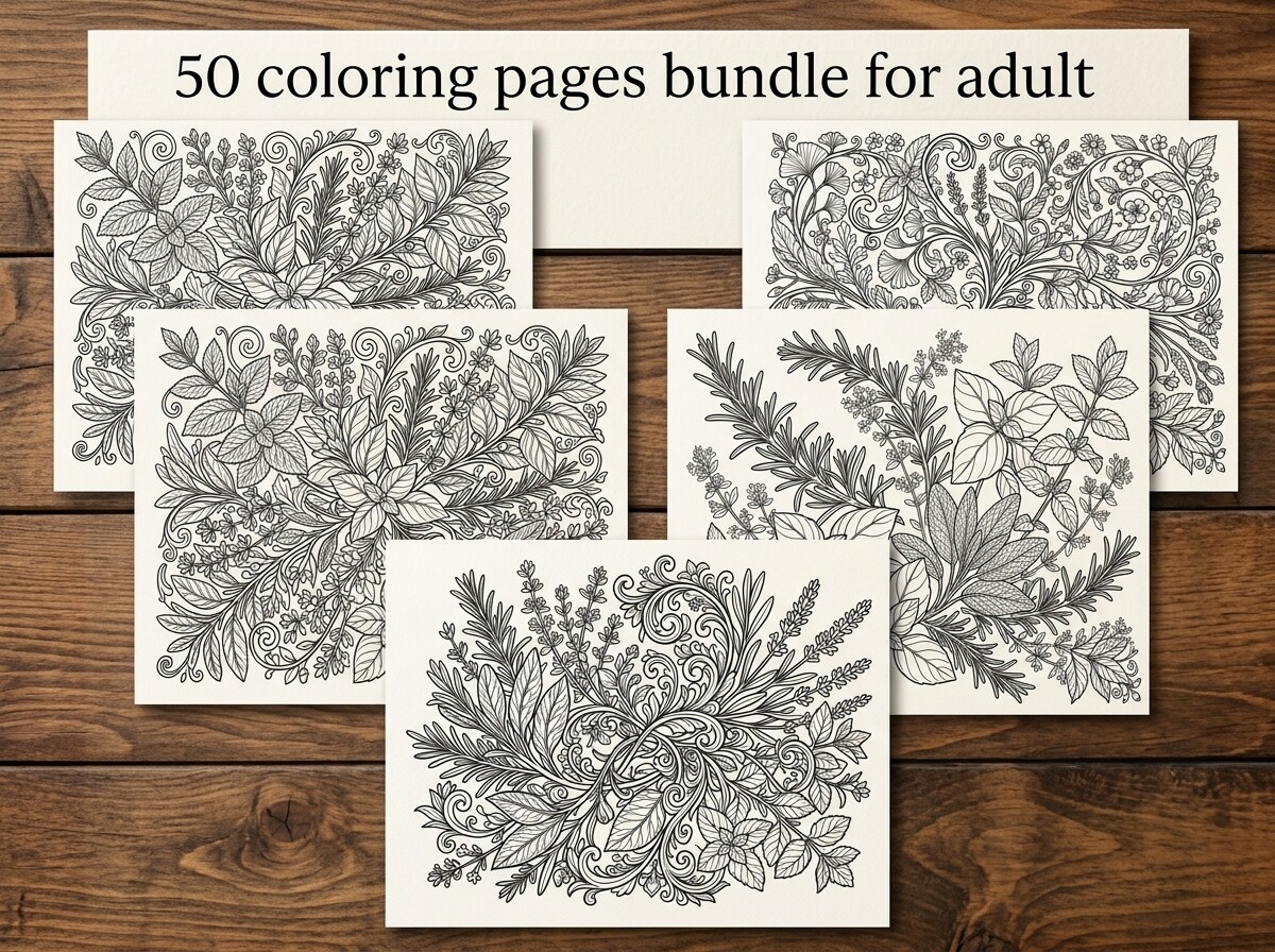 50 Herbal Leaves Coloring Pages Bundle