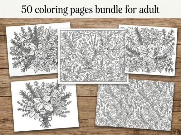 50 Herbal Leaves Coloring Pages Bundle
