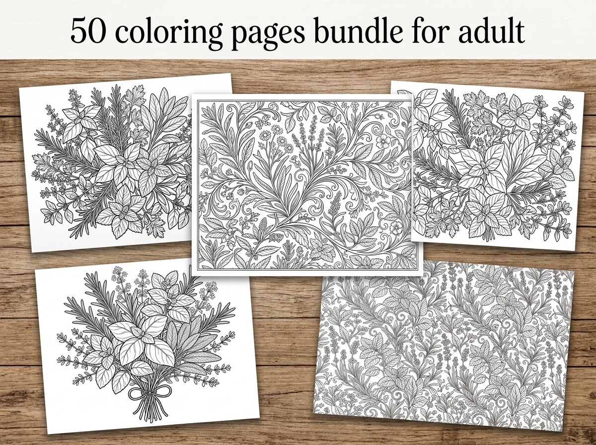 50 Herbal Leaves Coloring Pages Bundle