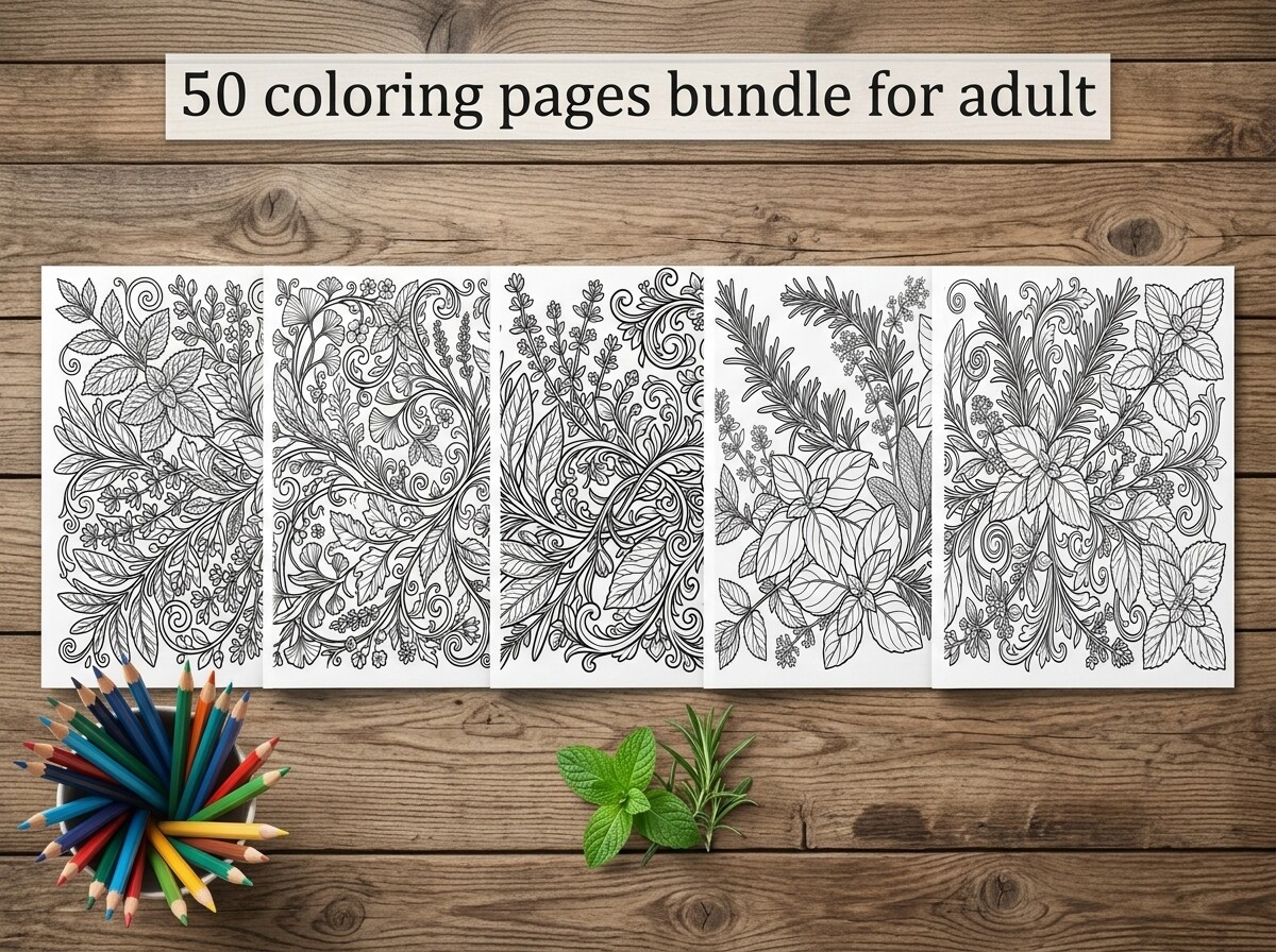 50 Herbal Leaves Coloring Pages Bundle