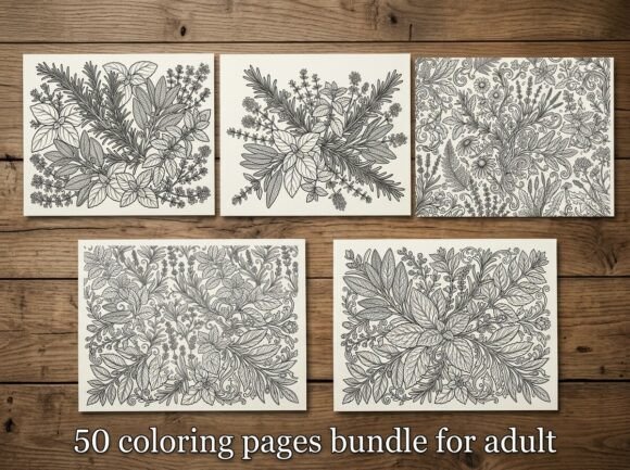 50 Herbal Leaves Coloring Pages Bundle