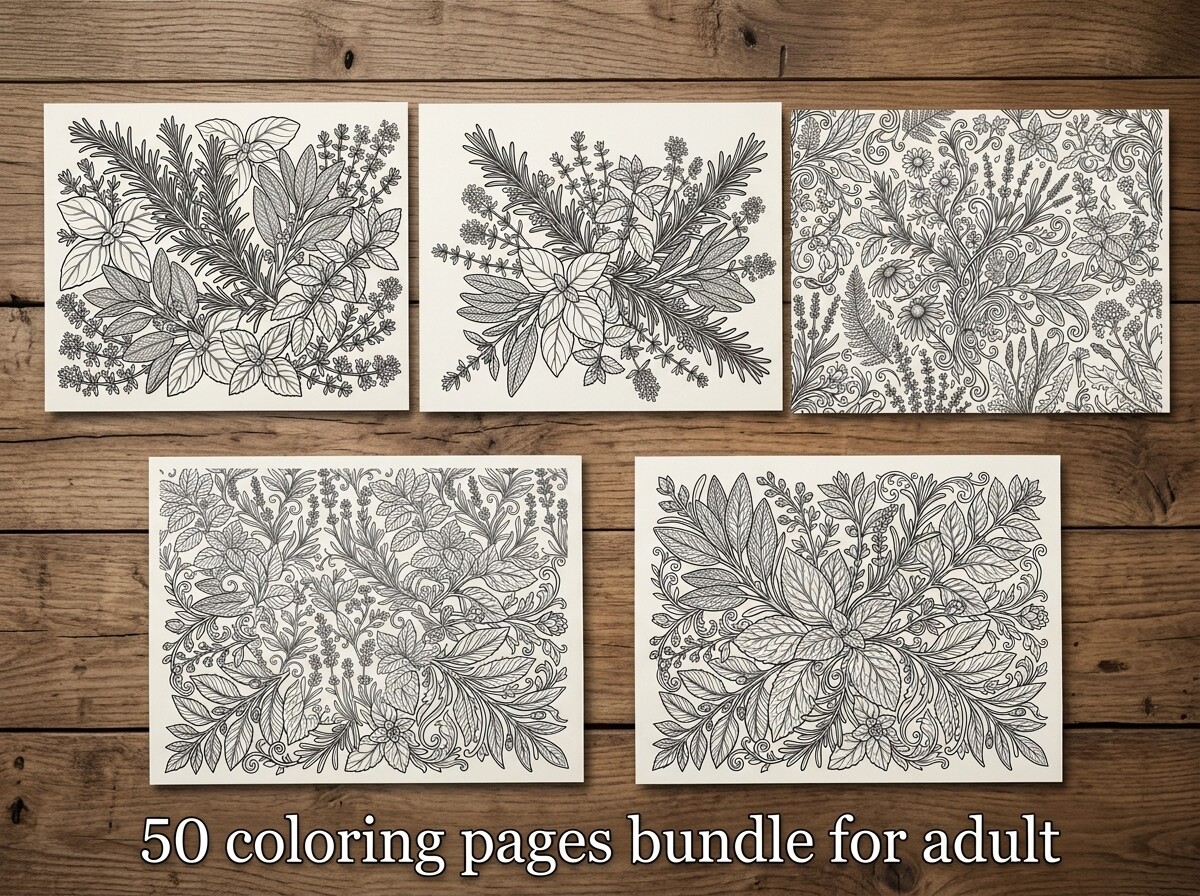 50 Herbal Leaves Coloring Pages Bundle