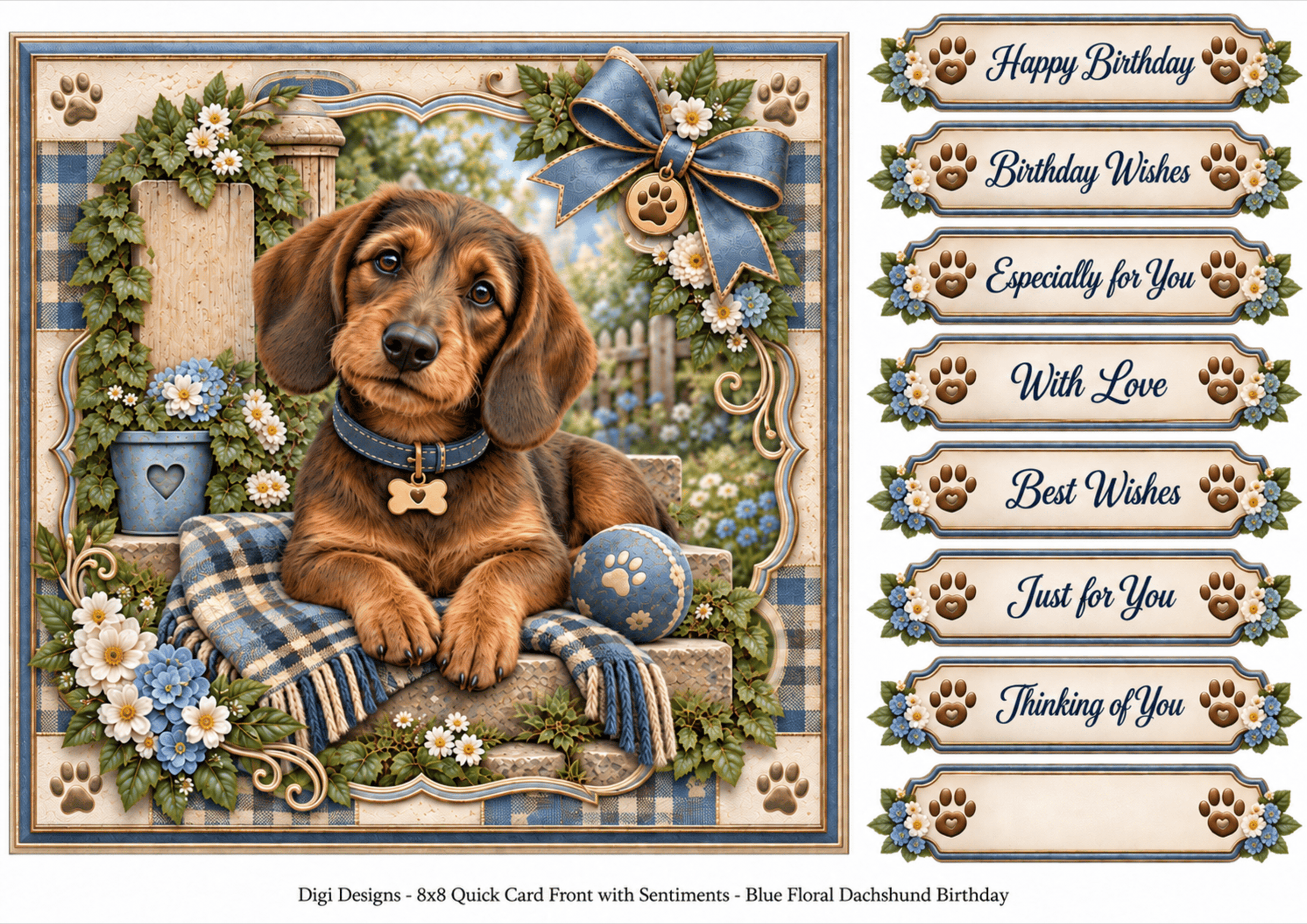 8x8 Blue Floral Daschund Quick Card Fron