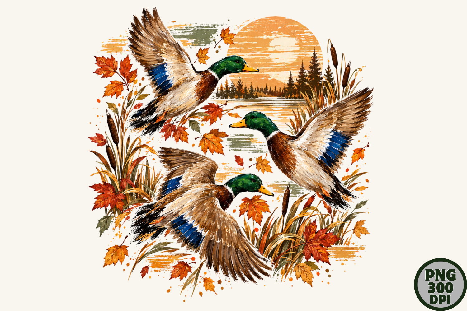 Autumn Ducks Watercolor Wildlife PNG Art