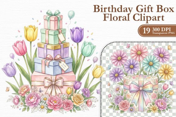 Birthday Gift Box Floral Clipart PNG