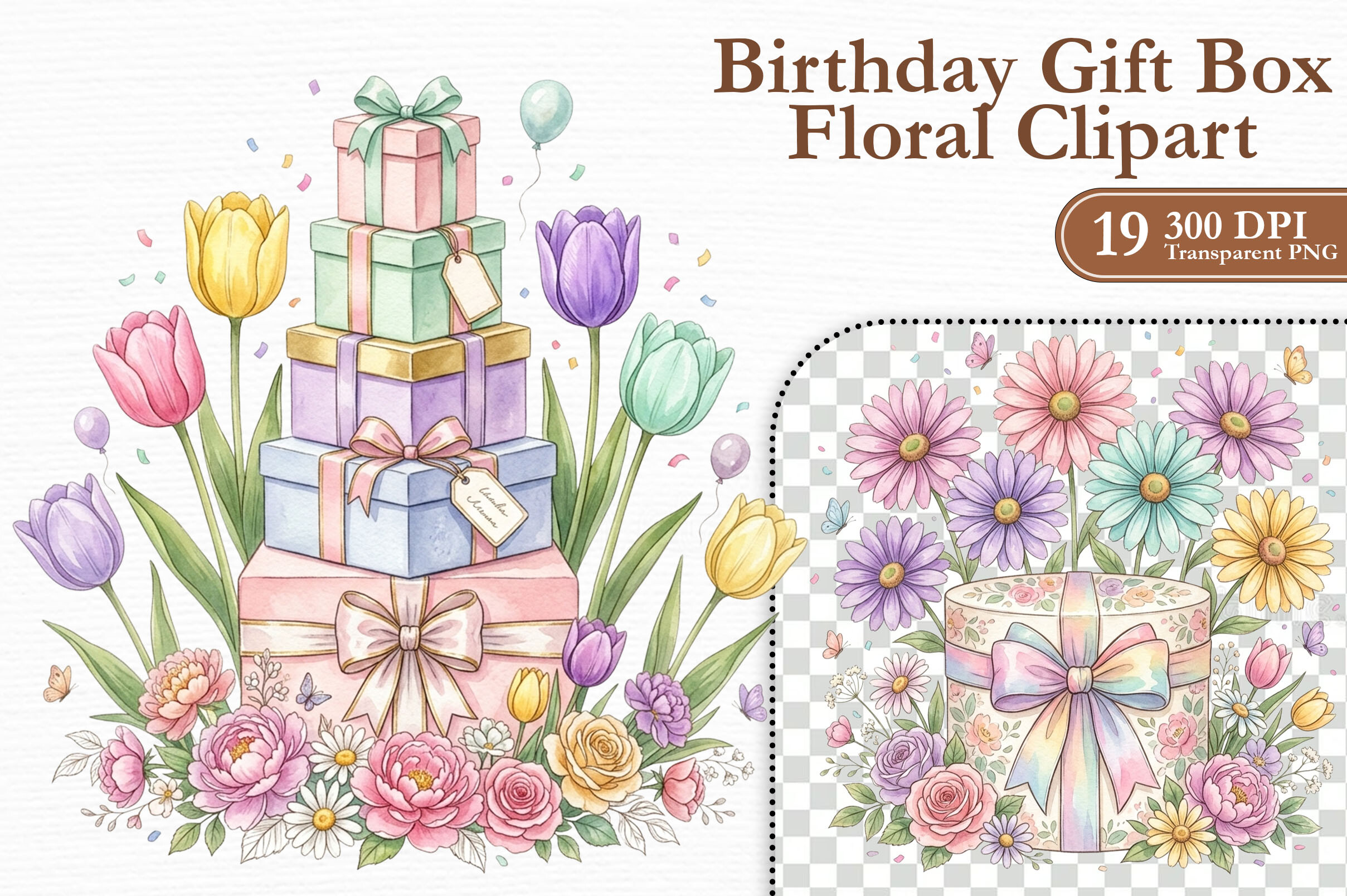 Birthday Gift Box Floral Clipart PNG